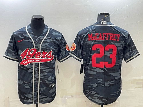 Men's San Francisco 49ers #23 Christian McCaffrey Gray Red Camo With Patch Cool Base Stitched Baseball Jersey